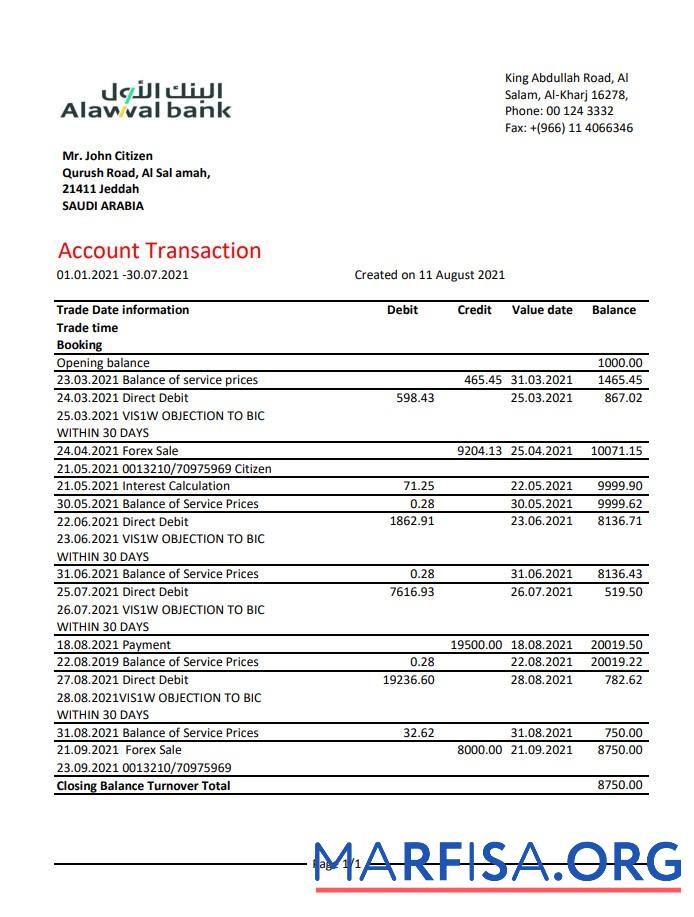 Blank Saudi Arabia Alawwal bank statement excel sample